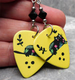Black Cat Decorated with Flowers Guitar Pick Earrings with Black Swarovski Crystals