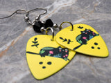 Black Cat Decorated with Flowers Guitar Pick Earrings with Black Swarovski Crystals