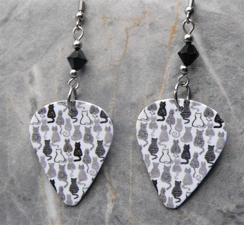 Black, Gray and White Cats Guitar Pick Earrings with Black Swarovski Crystals
