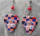 Peace Love America Guitar Pick Earrings with Opaque Red Swarovski Crystals