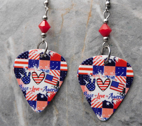 Peace Love America Guitar Pick Earrings with Opaque Red Swarovski Crystals