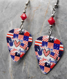 Peace Love America Guitar Pick Earrings with Opaque Red Swarovski Crystals