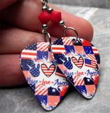 Peace Love America Guitar Pick Earrings with Opaque Red Swarovski Crystals