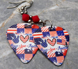 Peace Love America Guitar Pick Earrings with Opaque Red Swarovski Crystals