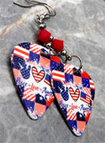 Peace Love America Guitar Pick Earrings with Opaque Red Swarovski Crystals