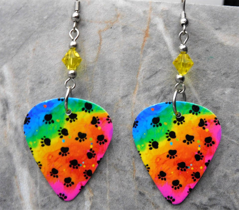 Paw Prints on Colorful  Guitar Pick Earrings with Yellow Swarovski Crystals