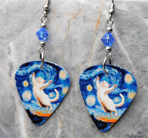 Kitty Starry Night Guitar Pick Earrings with Blue Swarovski Crystals