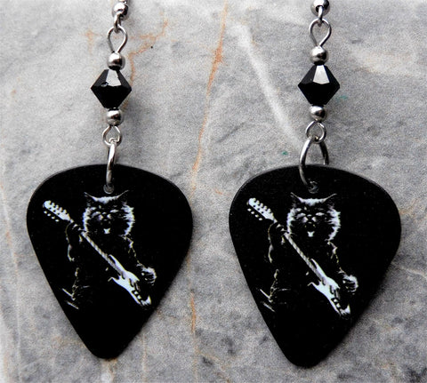 Electric Guitar Playing Black Cat Guitar Pick Earrings with Black Swarovski Crystals