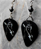 Electric Guitar Playing Black Cat Guitar Pick Earrings with Black Swarovski Crystals