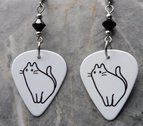 Fat Fancy Kitty Guitar Pick Earrings with Black Swarovski Crystals
