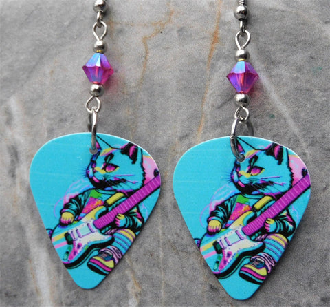 Cat Playing Guitar Colorful Guitar Pick Earrings with Fuchsia ABx2 Swarovski Crystals