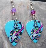 Cat Playing Guitar Colorful Guitar Pick Earrings with Fuchsia ABx2 Swarovski Crystals