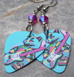 Cat Playing Guitar Colorful Guitar Pick Earrings with Fuchsia ABx2 Swarovski Crystals