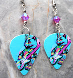 Cat Playing Guitar Colorful Guitar Pick Earrings with Fuchsia ABx2 Swarovski Crystals