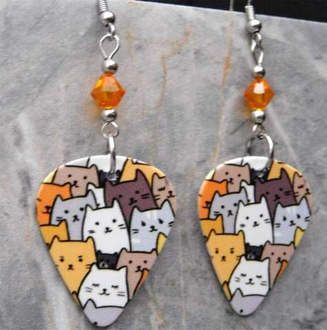 Group of Cartoon Cats Guitar Pick Earrings with Orange Swarovski Crystals