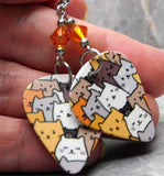 Group of Cartoon Cats Guitar Pick Earrings with Orange Swarovski Crystals