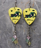 Black Cat Decorated with Flowers Guitar Pick Earrings with Swarovski Crystals Dangles