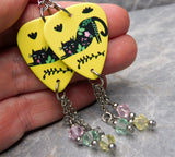 Black Cat Decorated with Flowers Guitar Pick Earrings with Swarovski Crystals Dangles