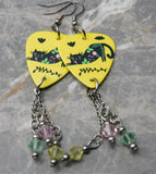 Black Cat Decorated with Flowers Guitar Pick Earrings with Swarovski Crystals Dangles