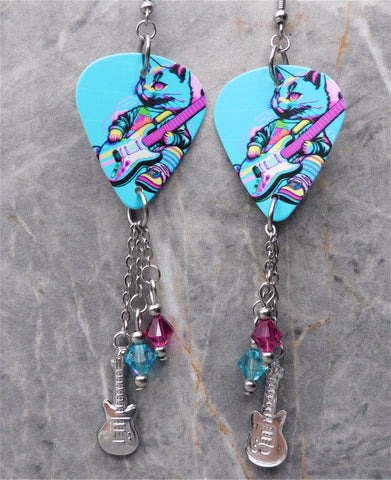 Cat Playing Guitar Colorful Guitar Pick Earrings with Stainless Steel Guitar Charm and Swarovski Crystal Dangles