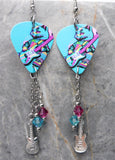 Cat Playing Guitar Colorful Guitar Pick Earrings with Stainless Steel Guitar Charm and Swarovski Crystal Dangles