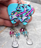 Cat Playing Guitar Colorful Guitar Pick Earrings with Stainless Steel Guitar Charm and Swarovski Crystal Dangles