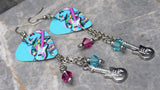 Cat Playing Guitar Colorful Guitar Pick Earrings with Stainless Steel Guitar Charm and Swarovski Crystal Dangles