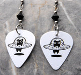 Black Cat In A UFO Guitar Pick Earrings with Black Swarovski Crystals