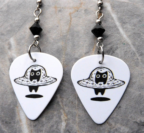 Black Cat In A UFO Guitar Pick Earrings with Black Swarovski Crystals