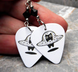Black Cat In A UFO Guitar Pick Earrings with Black Swarovski Crystals