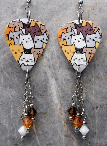Group of Cartoon Cats Guitar Pick Earrings with Swarovski Crystal Dangles