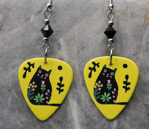 Smiling Black Cat Decorated with Flowers Guitar Pick Earrings with Black Swarovski Crystals