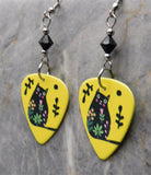Smiling Black Cat Decorated with Flowers Guitar Pick Earrings with Black Swarovski Crystals