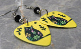 Smiling Black Cat Decorated with Flowers Guitar Pick Earrings with Black Swarovski Crystals