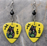 Smiling Black Cat Decorated with Flowers Guitar Pick Earrings with Black Swarovski Crystals