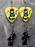 Flowered Black Cat Guitar Pick Earrings with Stainless Steel Cat Charms and Swarovski Crystals Dangles