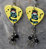 Flowered Black Cat Guitar Pick Earrings with Stainless Steel Cat Charms and Swarovski Crystals Dangles