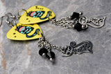 Flowered Black Cat Guitar Pick Earrings with Stainless Steel Cat Charms and Swarovski Crystals Dangles