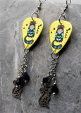 Flowered Black Cat Guitar Pick Earrings with Stainless Steel Cat Charms and Swarovski Crystals Dangles