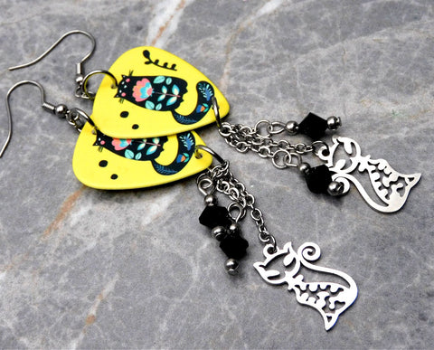 Flowered Black Cat Guitar Pick Earrings with Stainless Steel Cat Charms and Swarovski Crystals Dangles