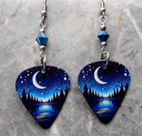 Moon Over a Forest Guitar Pick Earrings with Metallic Blue Swarovski Crystals