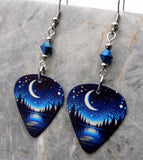 Moon Over a Forest Guitar Pick Earrings with Metallic Blue Swarovski Crystals