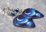 Moon Over a Forest Guitar Pick Earrings with Metallic Blue Swarovski Crystals