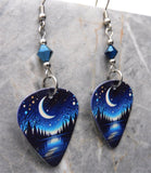 Moon Over a Forest Guitar Pick Earrings with Metallic Blue Swarovski Crystals