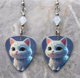 White Cat With Subtle Designs Guitar Pick Earrings with White Opal Swarovski Crystals