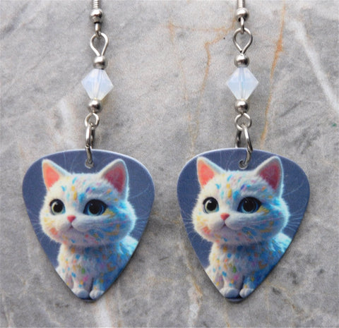 White Cat With Subtle Designs Guitar Pick Earrings with White Opal Swarovski Crystals