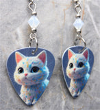 White Cat With Subtle Designs Guitar Pick Earrings with White Opal Swarovski Crystals