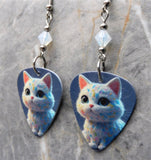 White Cat With Subtle Designs Guitar Pick Earrings with White Opal Swarovski Crystals