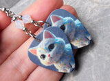White Cat With Subtle Designs Guitar Pick Earrings with White Opal Swarovski Crystals