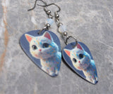 White Cat With Subtle Designs Guitar Pick Earrings with White Opal Swarovski Crystals